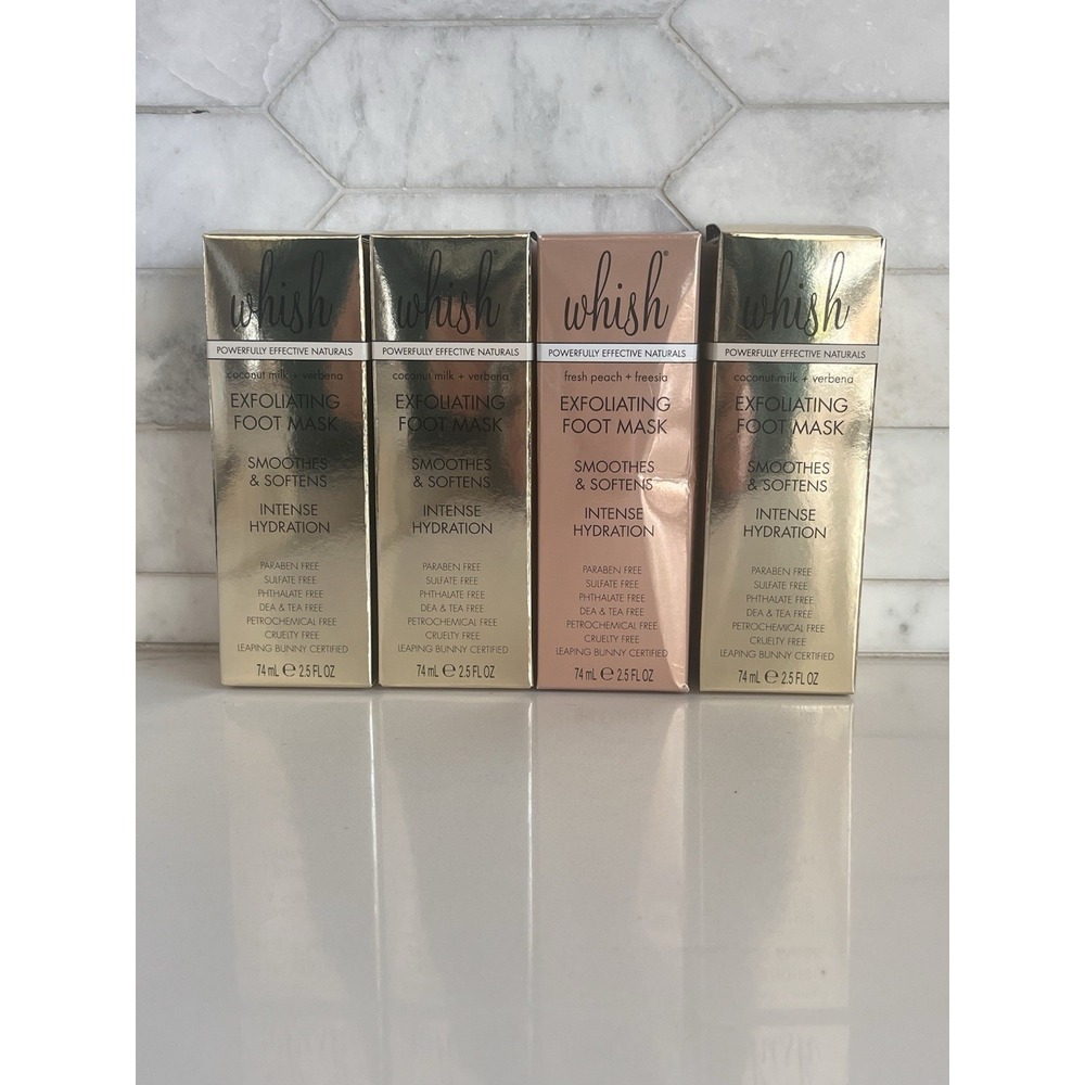 WHISH EXFOLIATINGu FOOT MASK COCONUT MILK+ VERBENA /PEACH FREESIA 2.5 OZ EACH X4